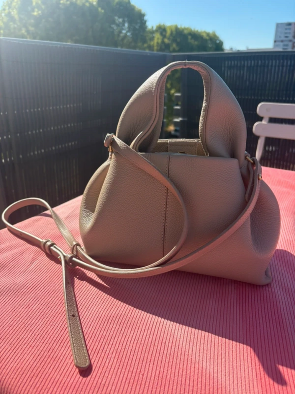 Polène Beige Pebbled Leather Regular Size Top‑Handle Crossbody Bag